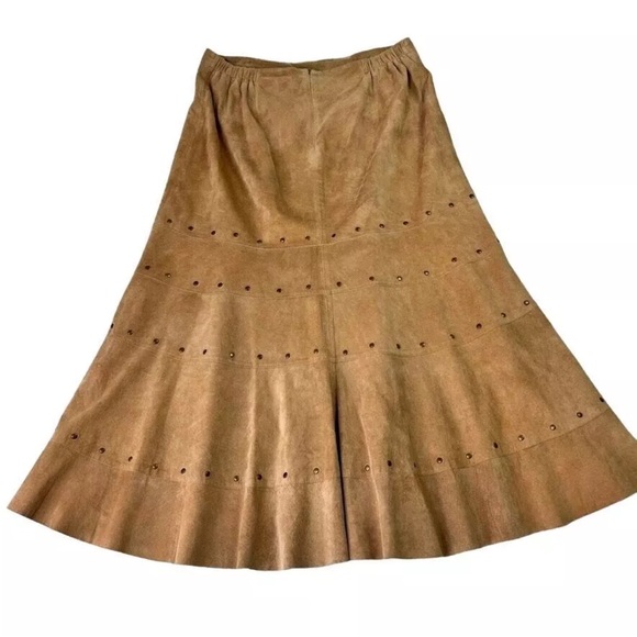 Vintage Chicos Genuine Leather Tan Godet Tiered Grommet MIDI Skirt Size M - Picture 1 of 14